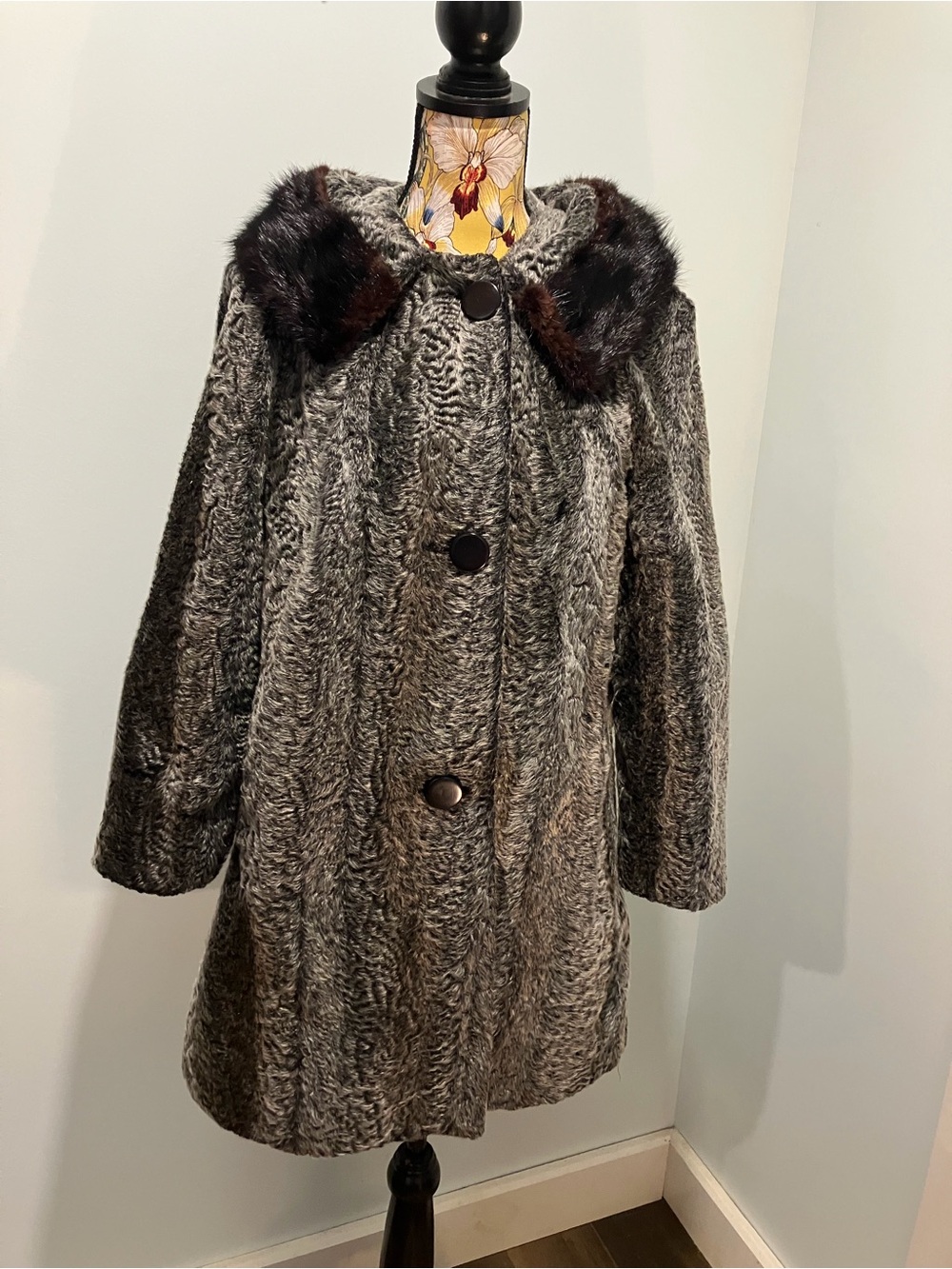 Vintage Faux Fur Persian Lamb Gray Coat with Dark Real Fur Trim - Medium/Large